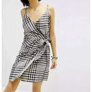 Free People Nodia Check Wrap Dress Tie Side  Cotton Lined Plaid 8 Beach Boho